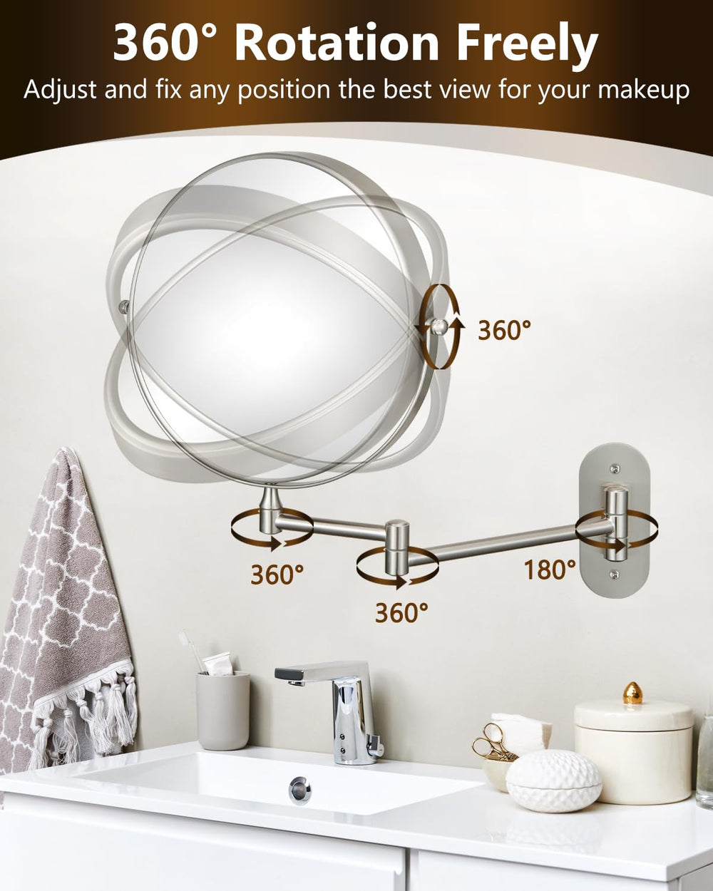 Decluttr 9in wall makeup mirror 360-degree rotation for flexible angles