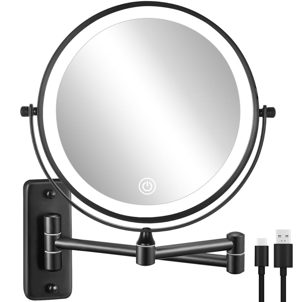 Decluttr rechargeable wall-mount makeup mirror—8-inch surface for easy, on-demand makeup checks.