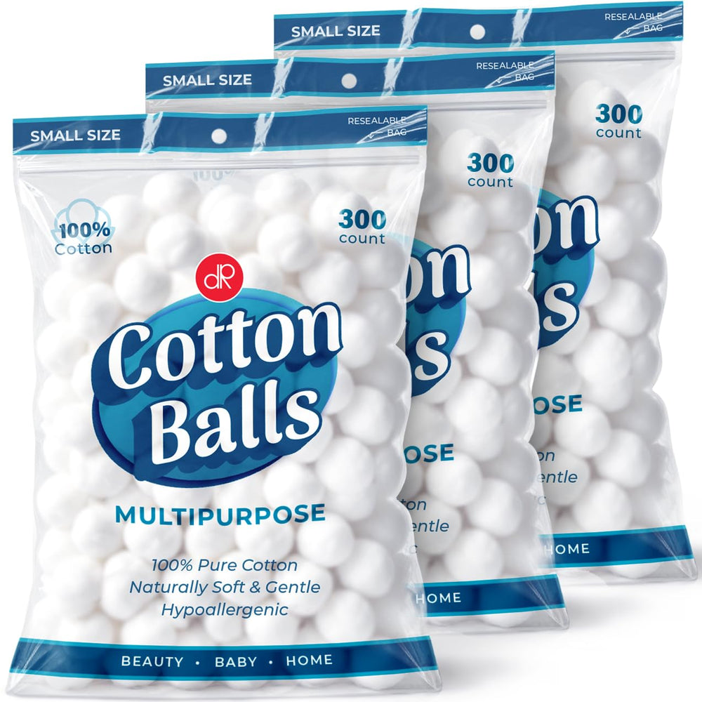 DecorRack 900ct small cotton balls pack — soft, pure cotton for gentle makeup removal.
