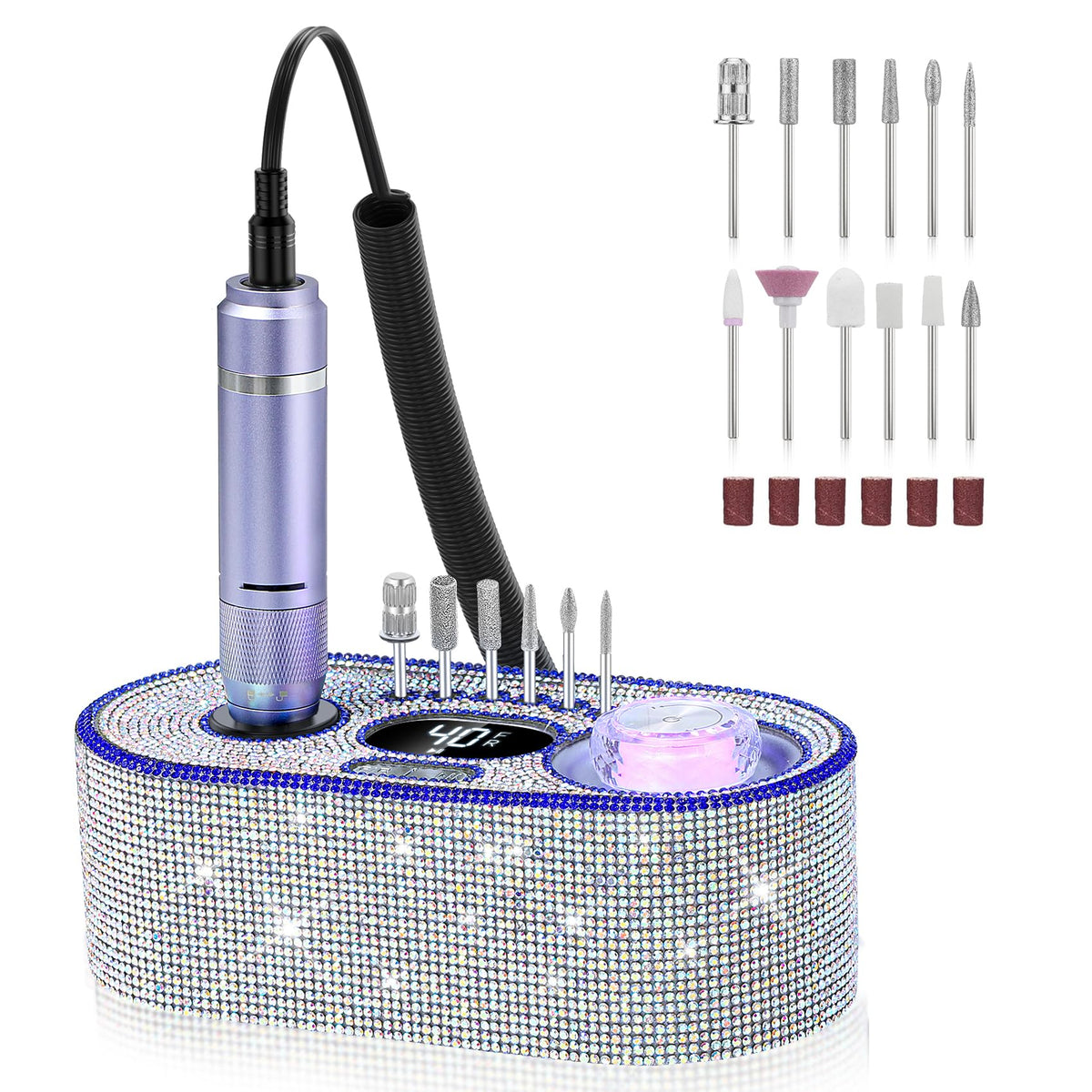 DEDNMSCA Sparkly Nail Drill with LCD display for precise speed control.