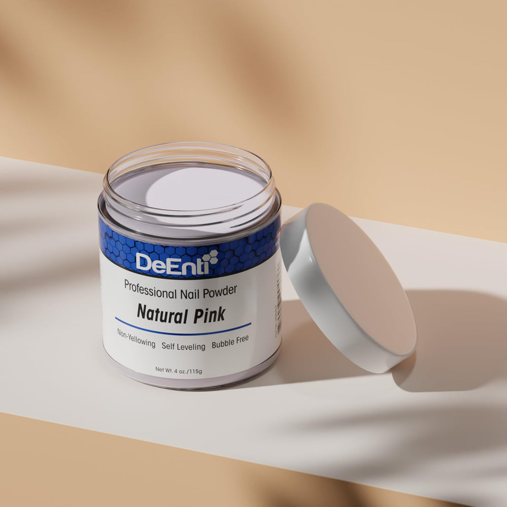 DeEnti bubble-free finish on natural pink powder for durable extensions