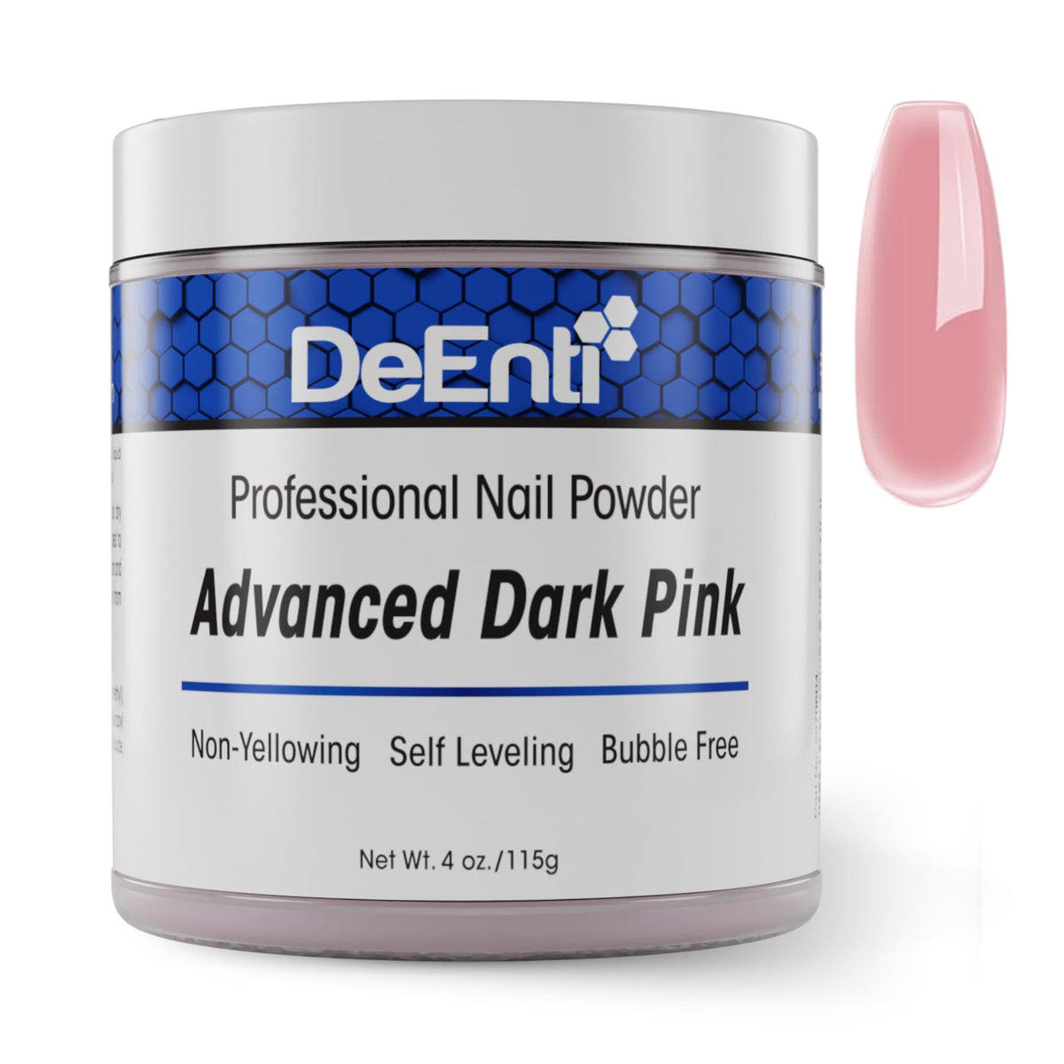 DeEnti acrylic nail powder dark pink swatch showing bubble-free finish for overlays