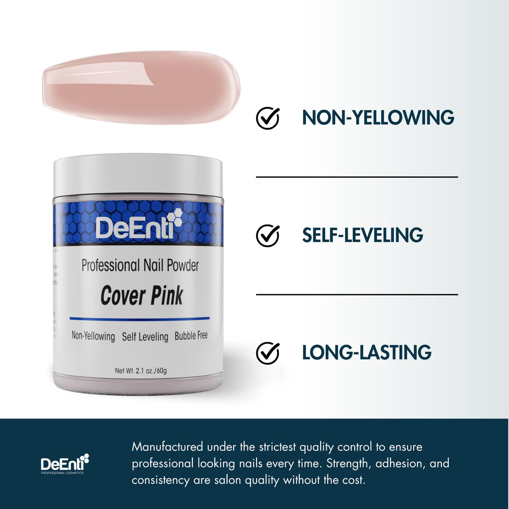 DeEnti acrylic nail powder swatch reveals crystal clarity with minimal yellowing