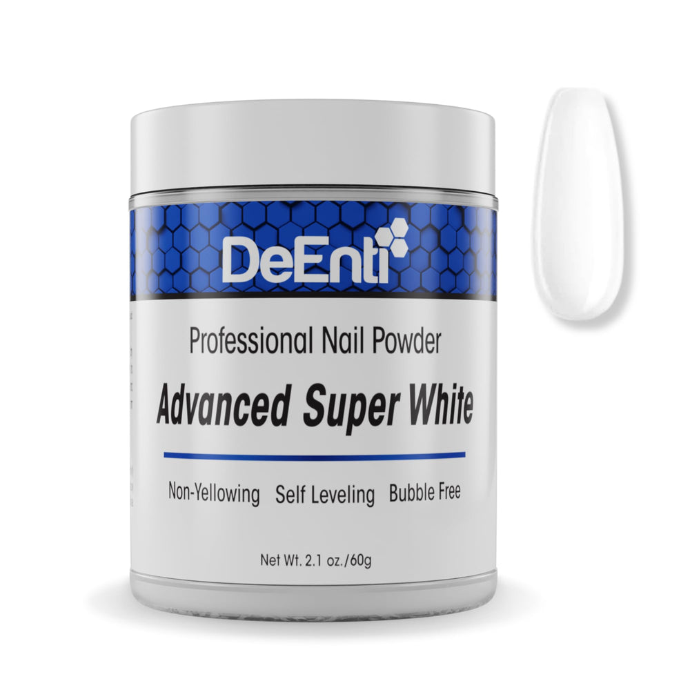 DeEnti sugar white acrylic powder bottle shows crystal clarity for overlays.