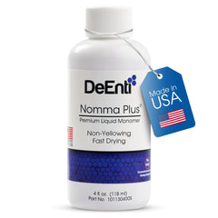 DeEnti Nomma Plus liquid monomer bottle close-up highlighting smooth acrylic application potential.