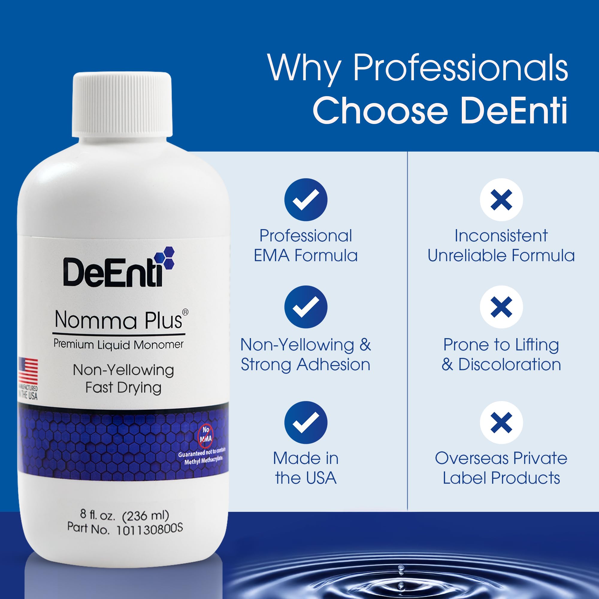 DeEnti Nomma Plus non-yellowing formula preserves true powder color on natural nails.