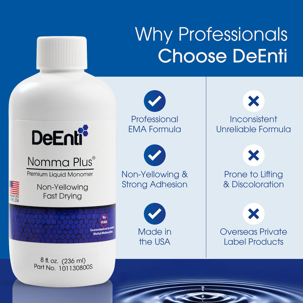 DeEnti Nomma Plus non-yellowing formula preserves true powder color on natural nails.