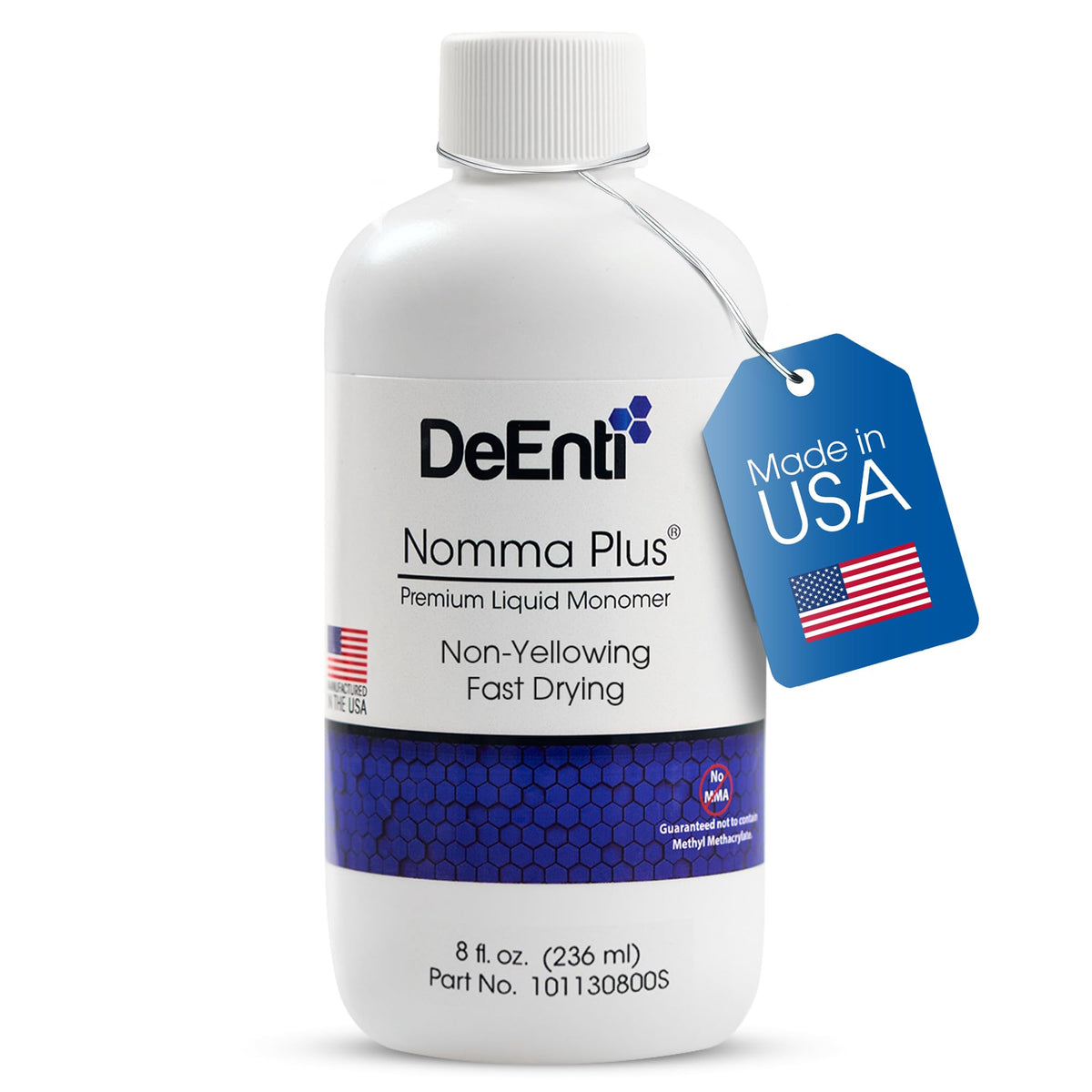 DeEnti Nomma Plus liquid monomer pours smoothly for controlled acrylic application.