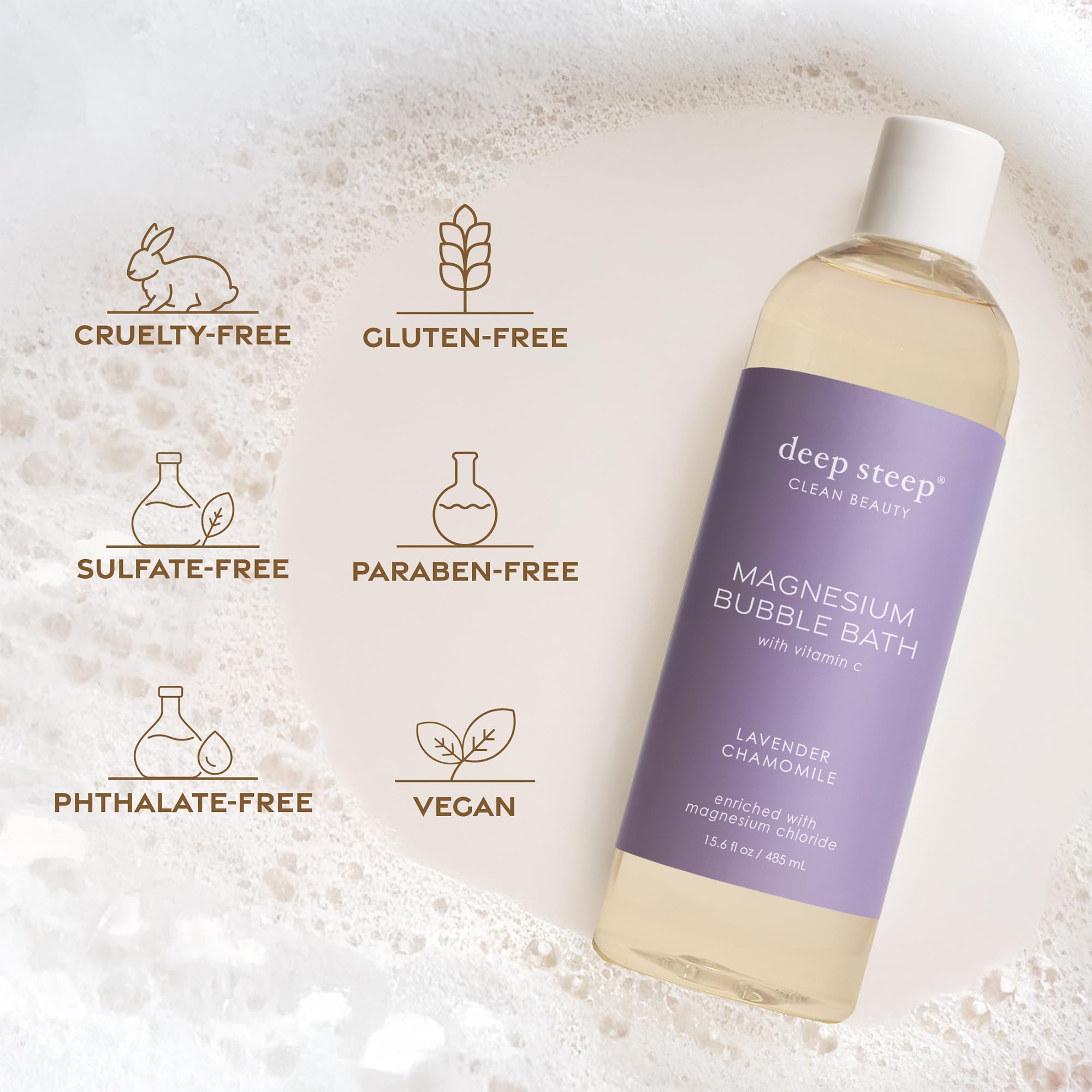 Deep Steep bottle close-up showing clean, cruelty-free formula for sensitive skin.