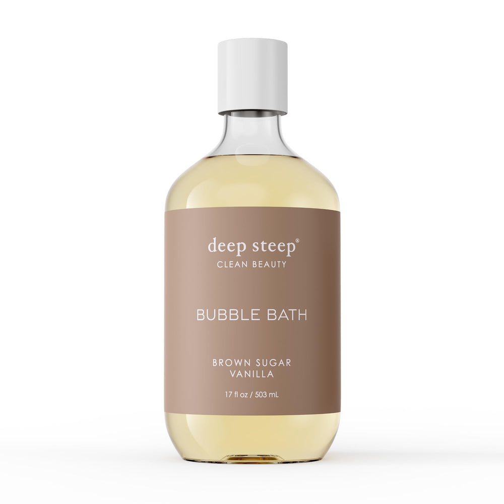 Deep Steep Bubble Bath Brown Sugar Vanilla bottle showing nourishing oils for soft skin.
