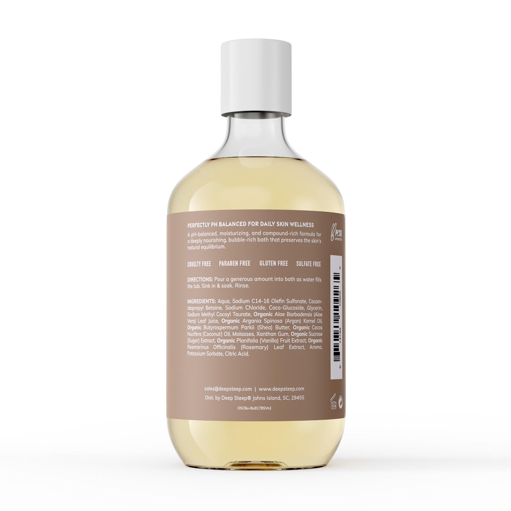 Deep Steep Bubble Bath Brown Sugar Vanilla pour emphasizing luxurious foam for a relaxing soak.