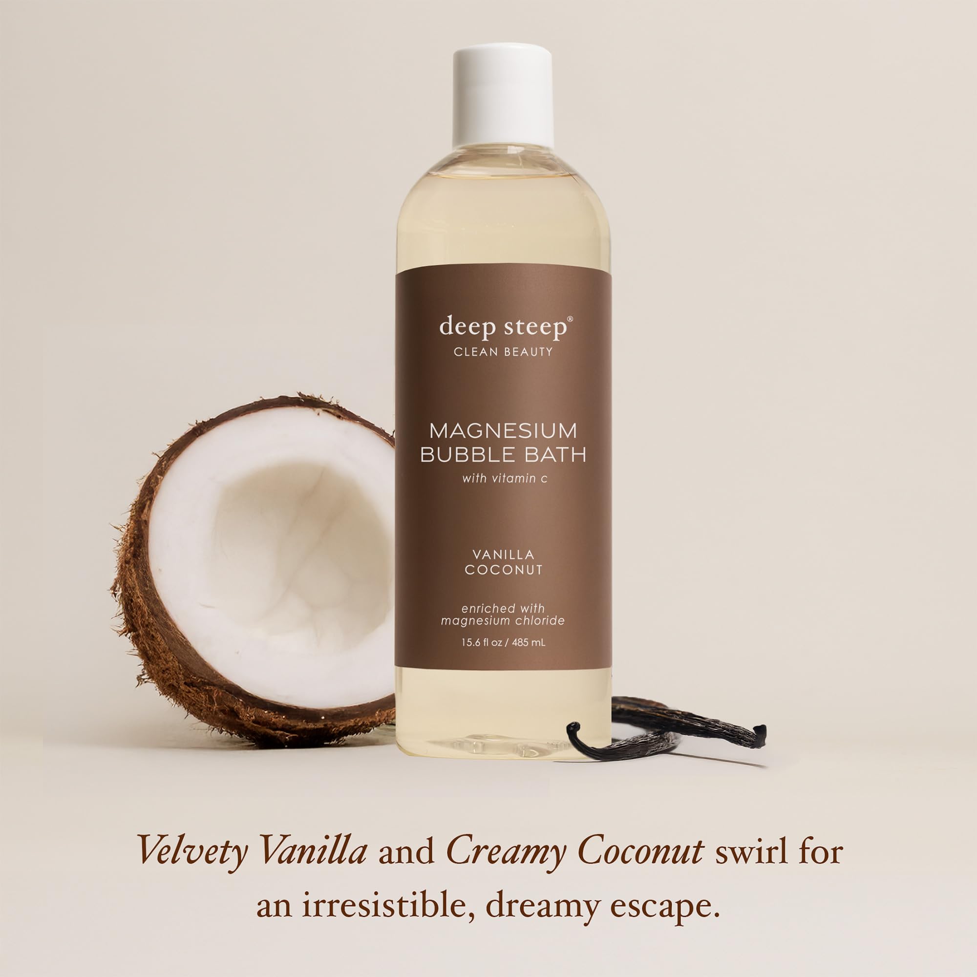 Deep Steep bubble bath with coconut oil hydrates skin during a soothing soak.