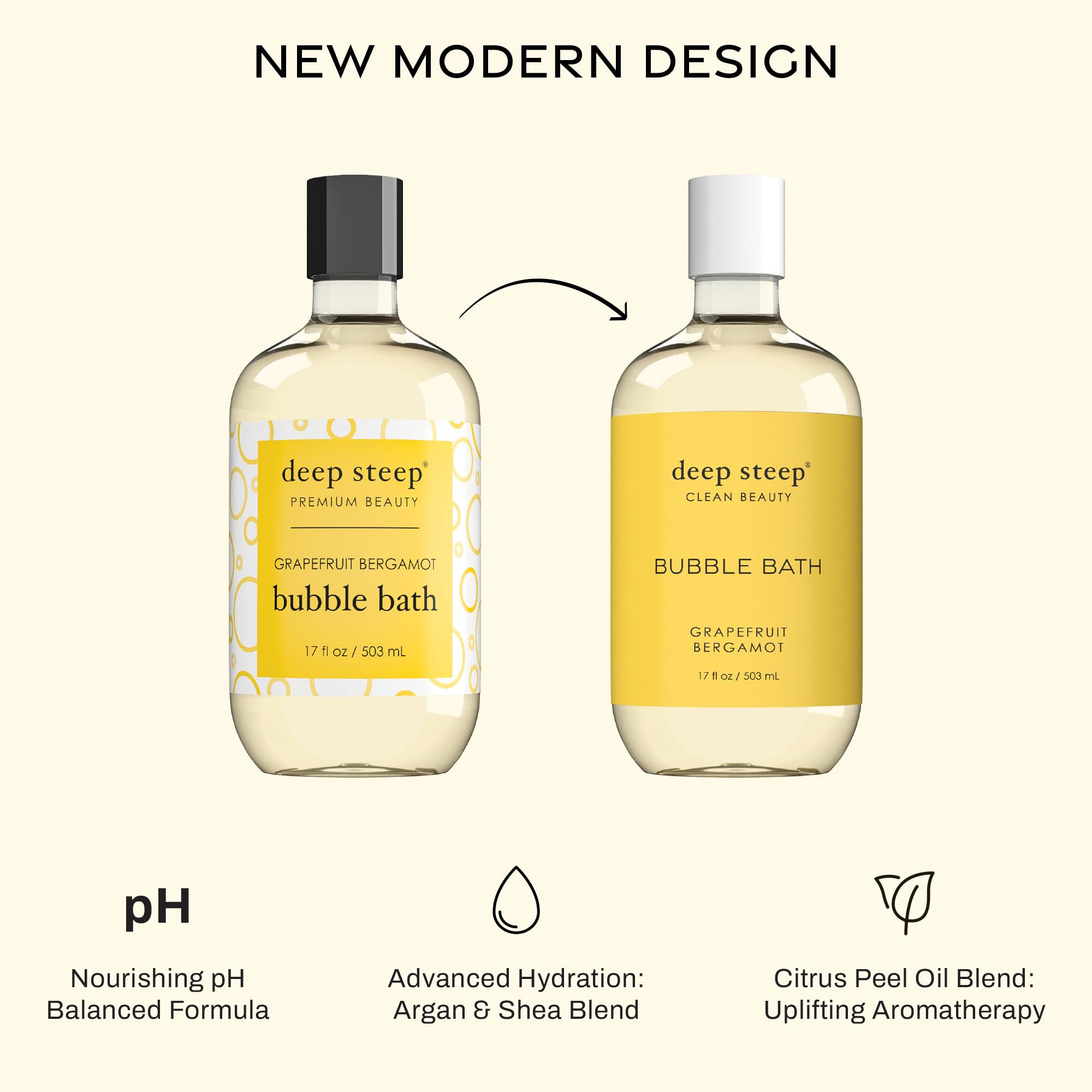 Deep Steep Bubble Bath Grapefruit Bergamot bubbles create a creamy lather that nourishes.