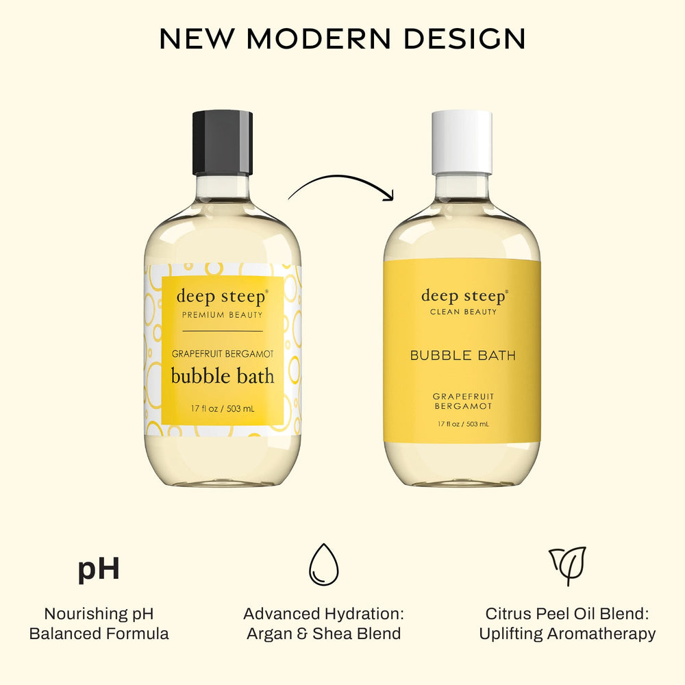 Deep Steep Bubble Bath Grapefruit Bergamot bubbles create a creamy lather that nourishes.