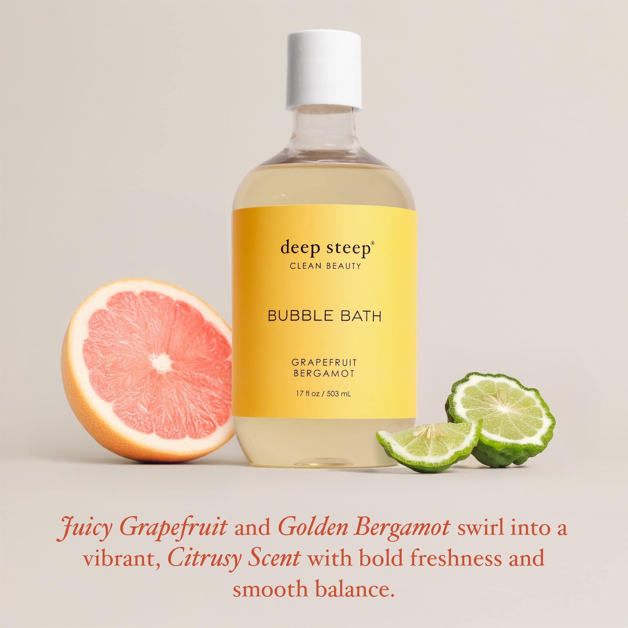 Deep Steep Bubble Bath Grapefruit Bergamot ingredients highlight shea and argan oil benefits.