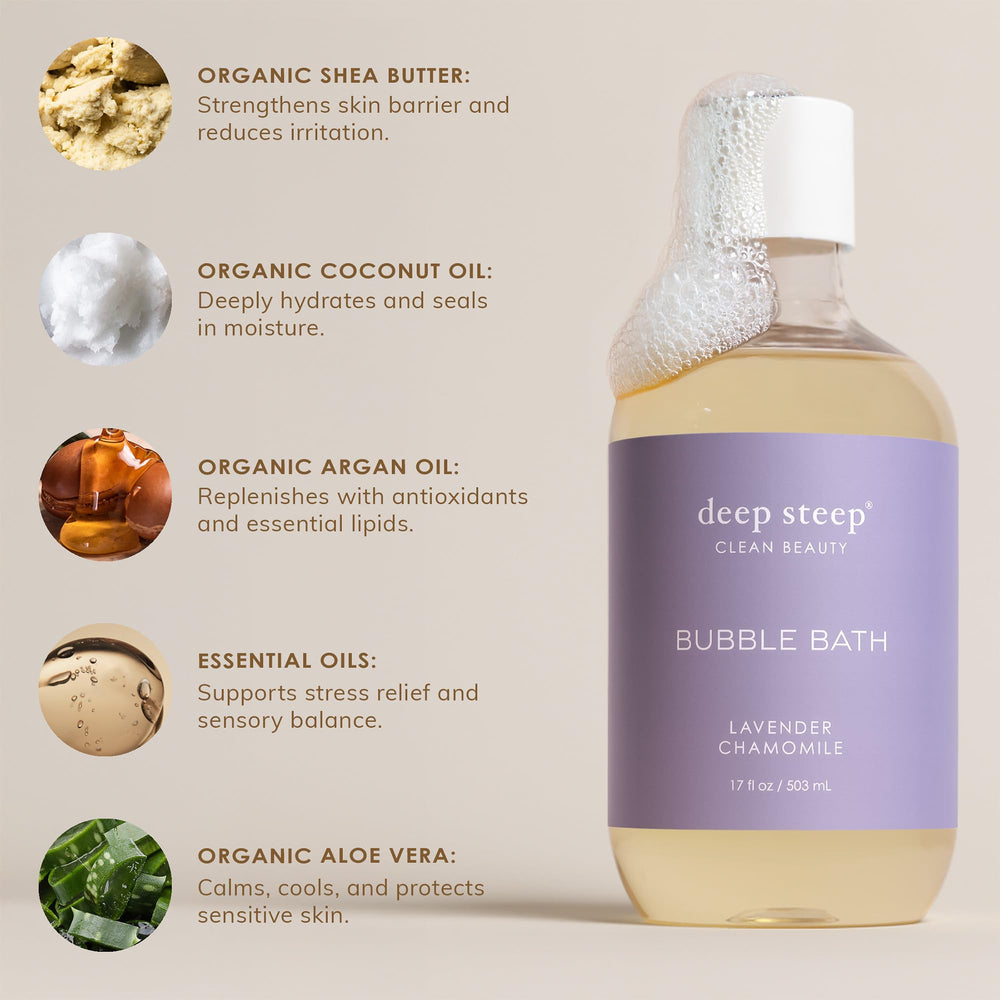 Deep Steep Bubble Bath Grapefruit Bergamot label detail emphasizes clean, cruelty-free formulation.