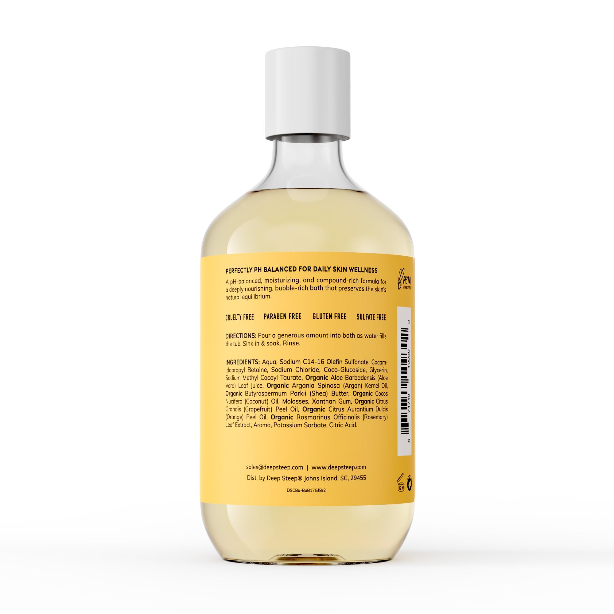 Deep Steep Bubble Bath Grapefruit Bergamot pour demonstrates quick-dissolving soak for moisturized skin.