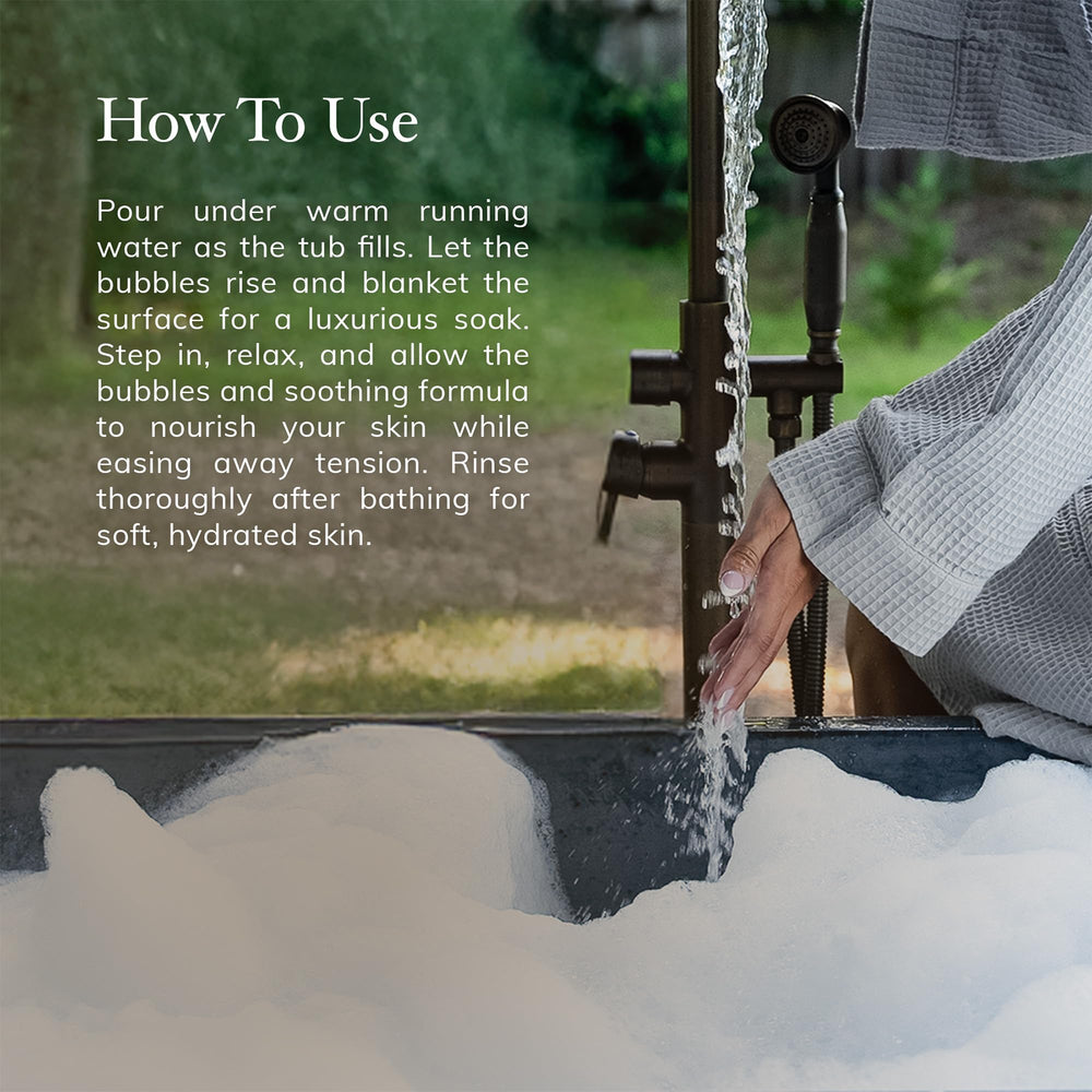 Deep Steep bubble bath in tub evokes a spa-like ritual for unwinding after work.