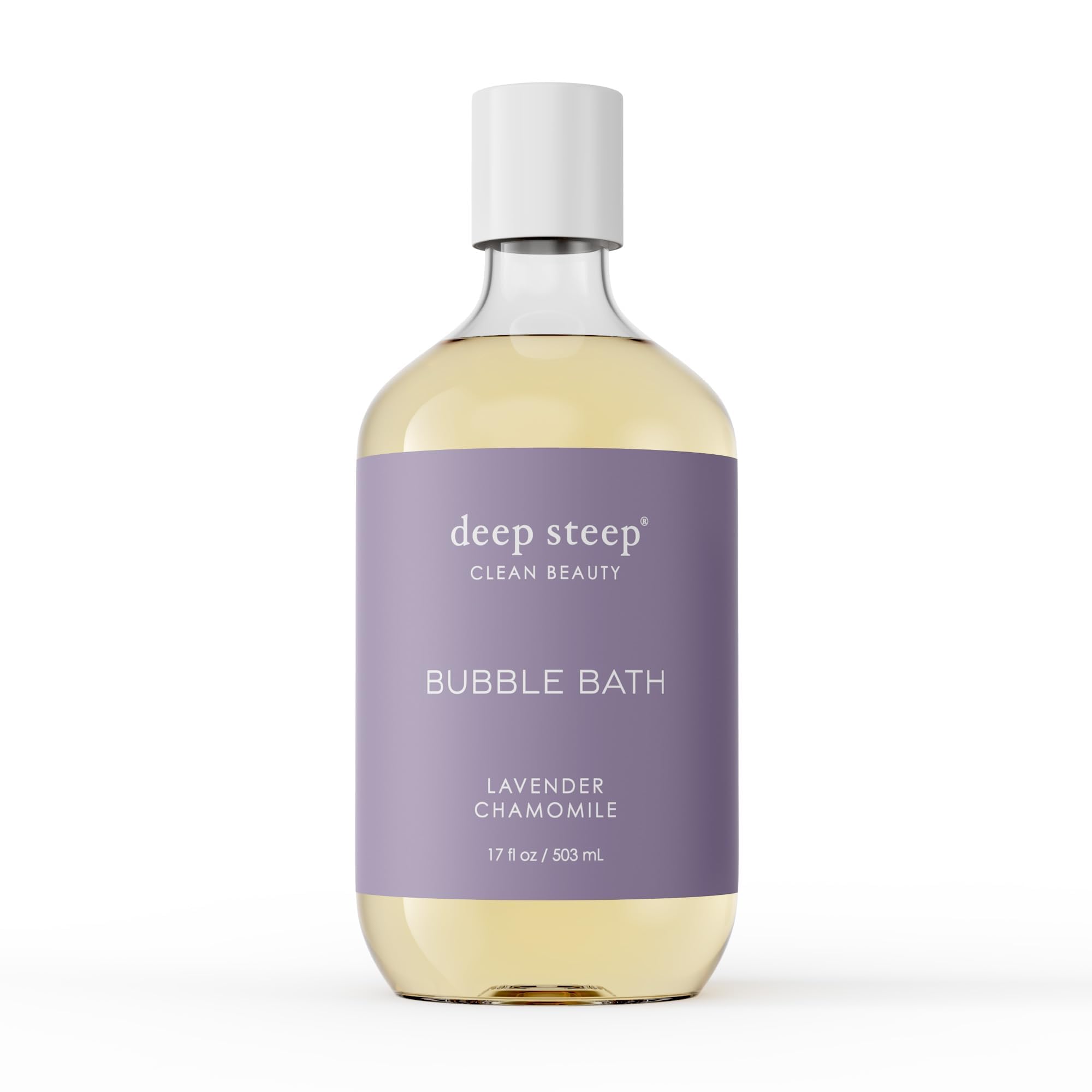 Deep Steep Bubble Bath Lavender Chamomile bottle demonstrates a soothing, relaxing soak.