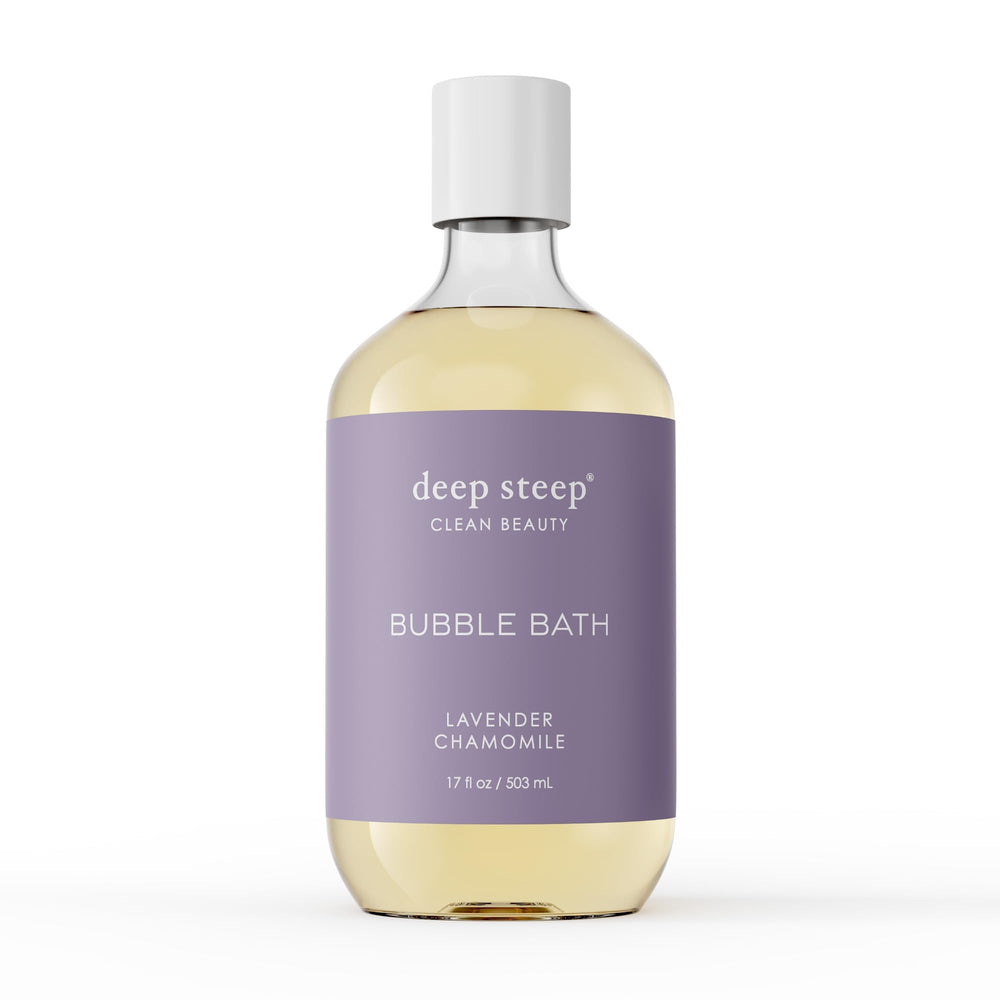 Deep Steep Bubble Bath Lavender Chamomile bottle demonstrates a soothing, relaxing soak.