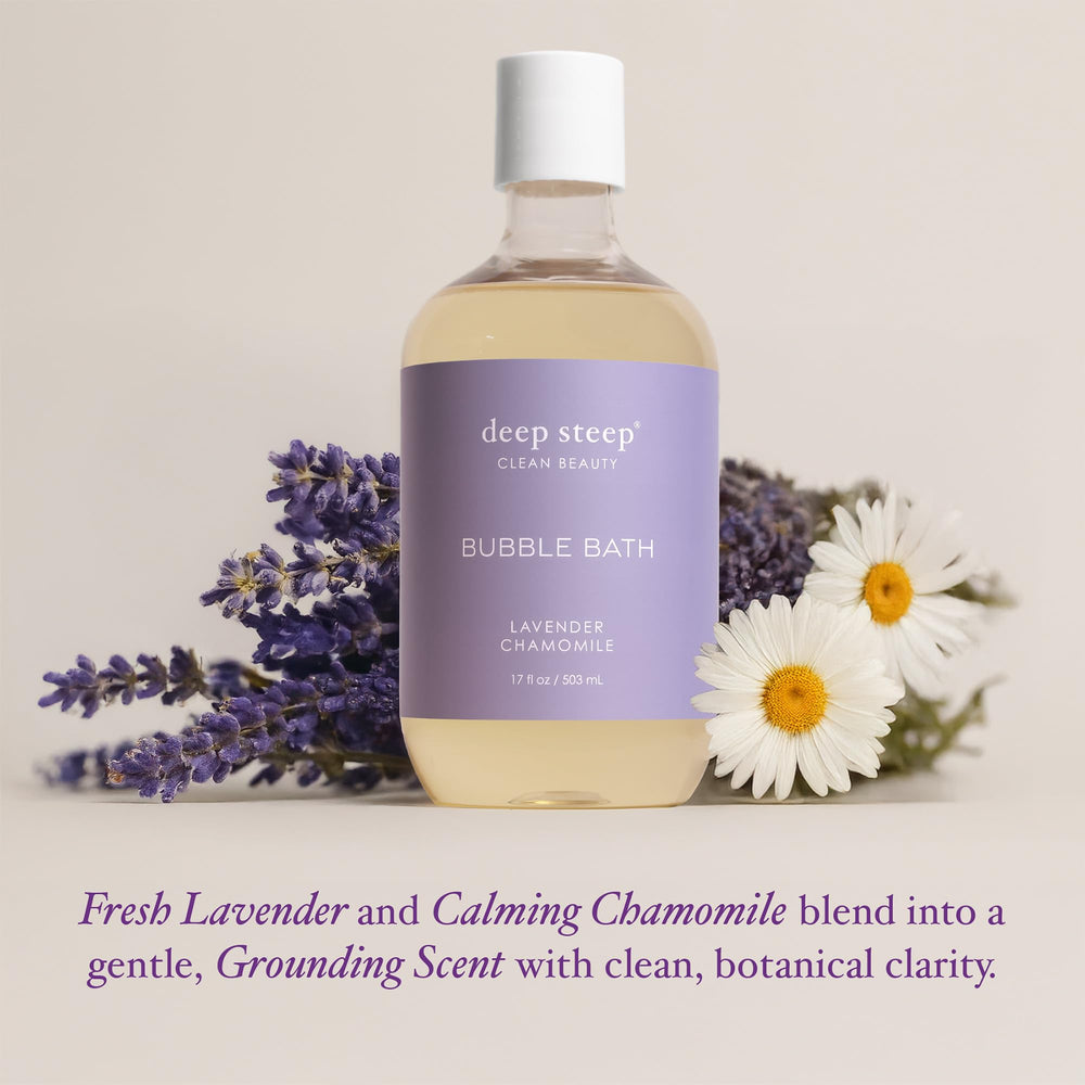 Deep Steep Bubble Bath Lavender Chamomile bubble-foam close-up suggests rich, relaxing lather.