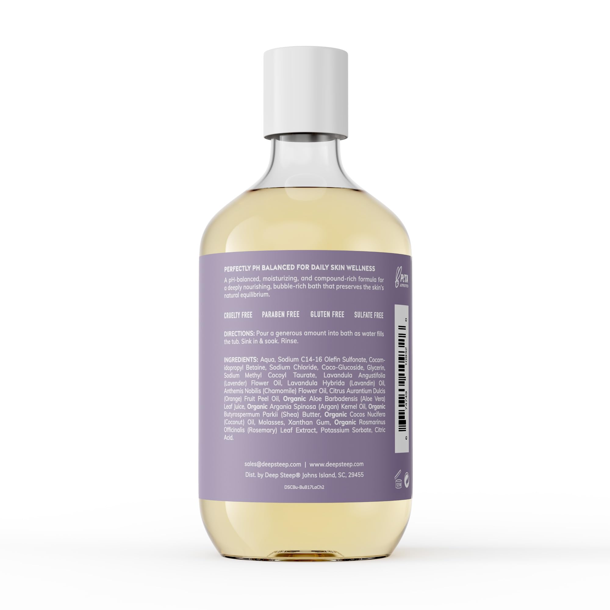 Deep Steep Bubble Bath Lavender Chamomile label highlights a gentle, sulfate-free formula.