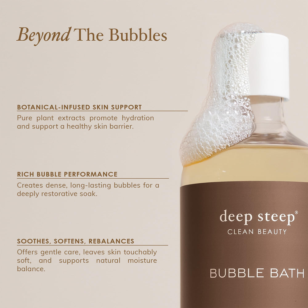 Deep Steep Bubble Bath No sulfates label indicates gentle cleanse for sensitive skin.