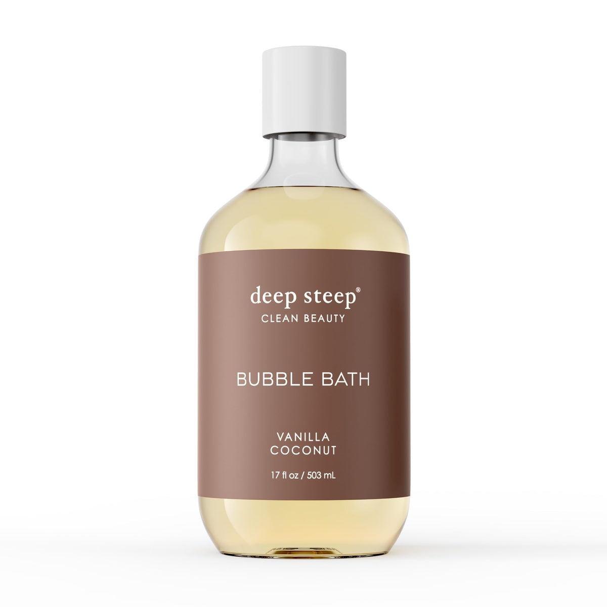 Deep Steep Bubble Bath Vanilla Coconut bottle shows soothing, creamy lather for irritated skin
