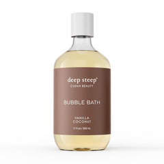 Deep Steep Bubble Bath Vanilla Coconut bottle shows soothing, creamy lather for irritated skin