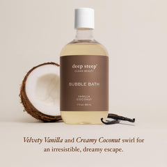 Deep Steep Bubble Bath Vanilla Coconut ingredients panel indicates shea butter and coconut oil benefits