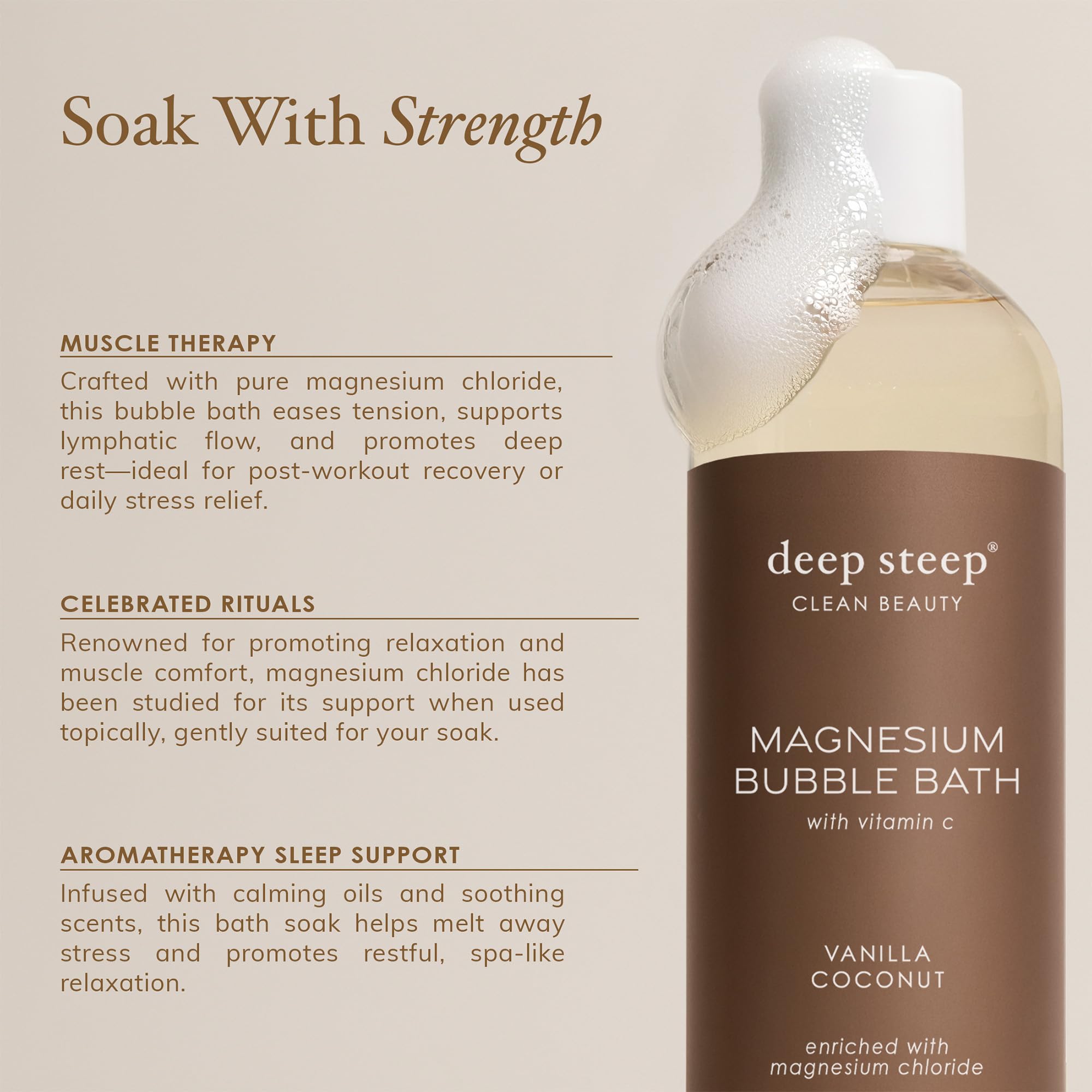Deep Steep Vanilla Coconut scent promotes aromatherapy relaxation and stress relief.