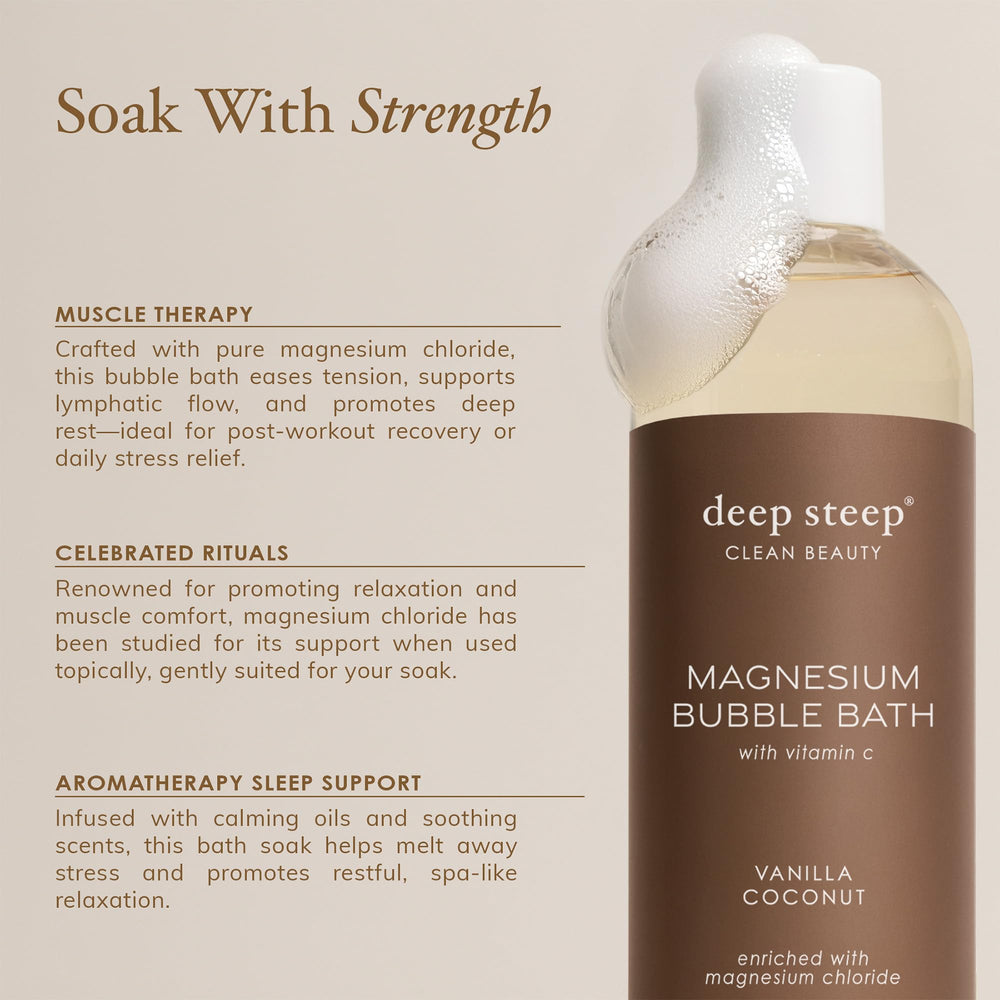 Deep Steep Vanilla Coconut scent promotes aromatherapy relaxation and stress relief.