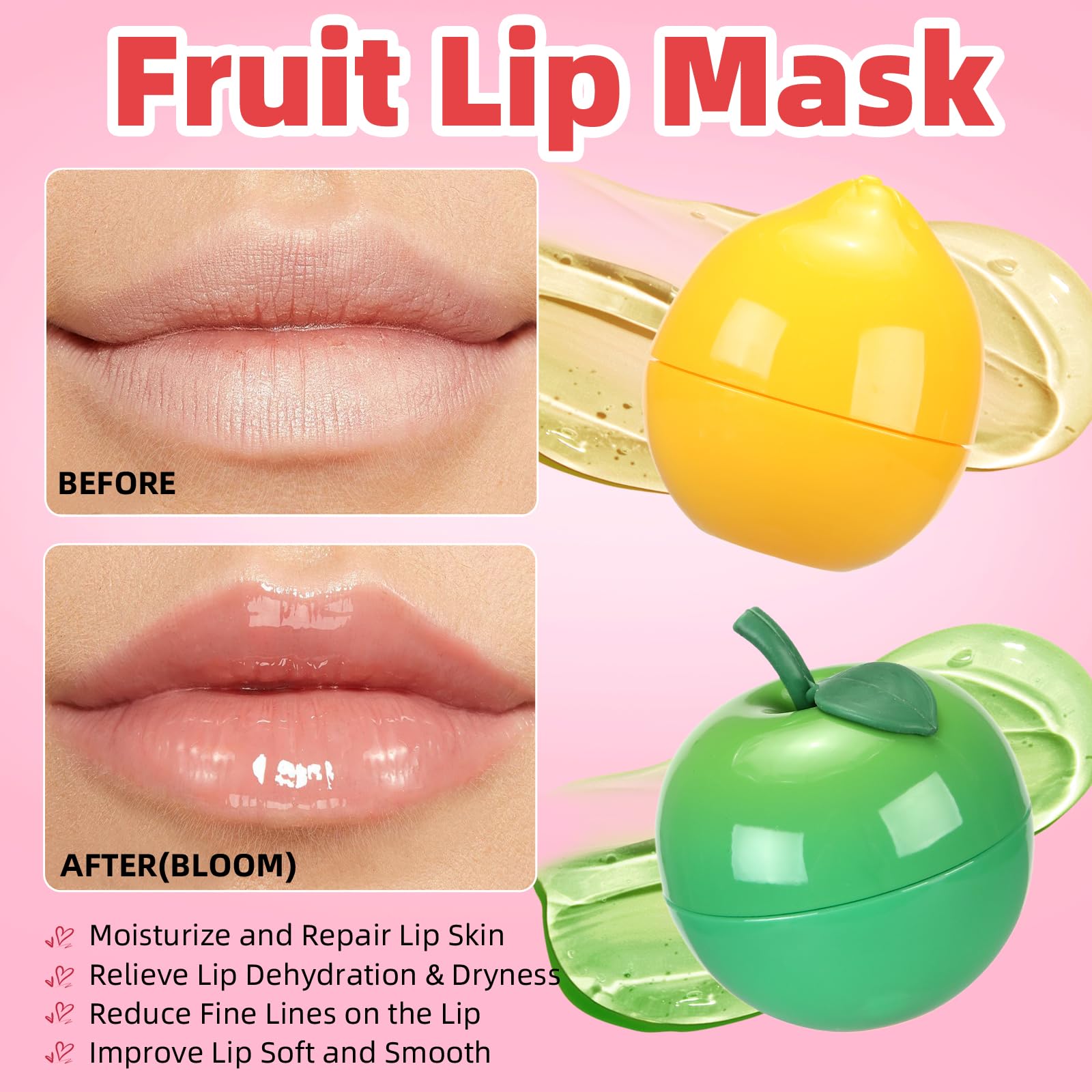 Deepmind bee lip-mask fruit pot closeup with strawberry and apple extracts for moisture.