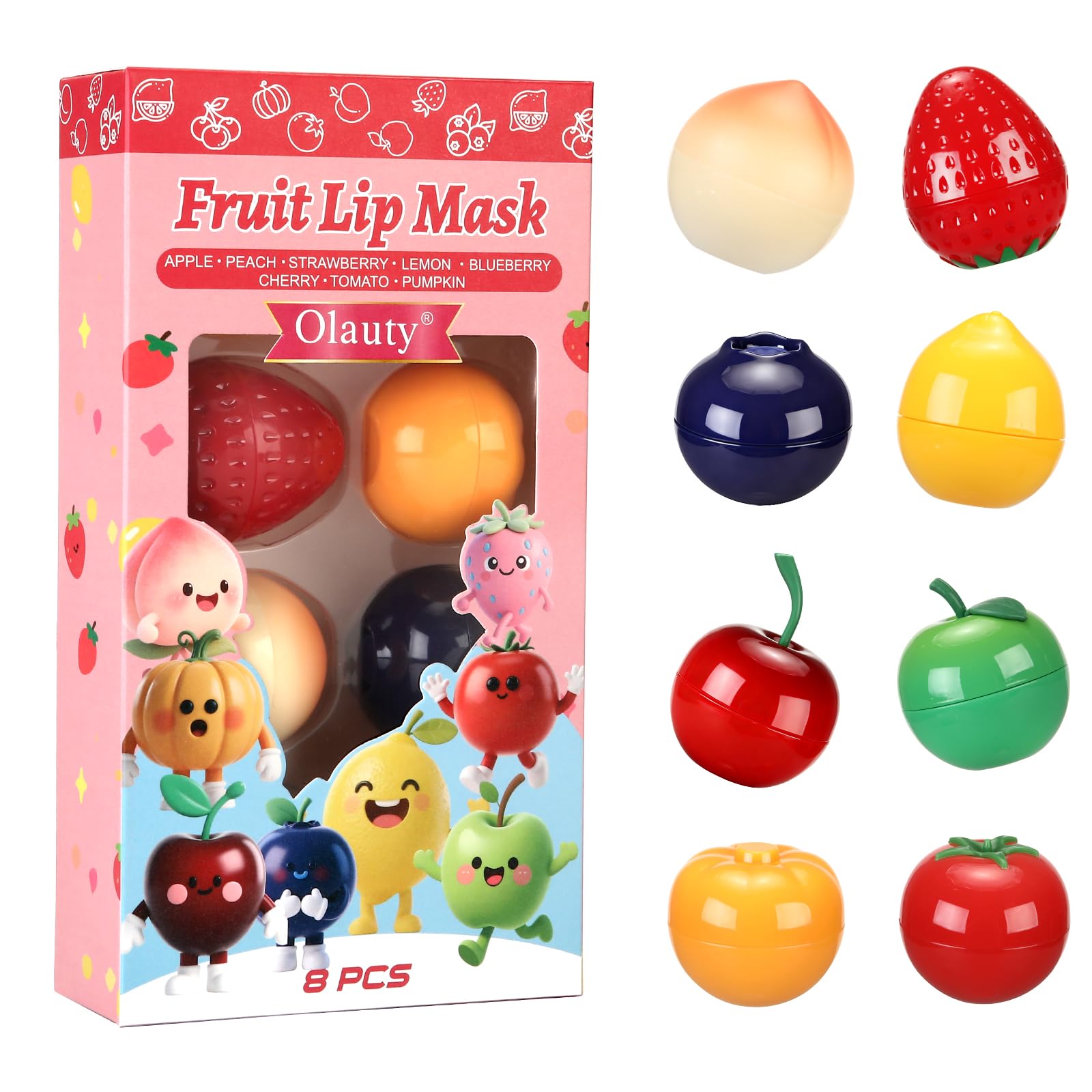 Deepmind packaging shows compact fruit-design lip mask with included spatula.