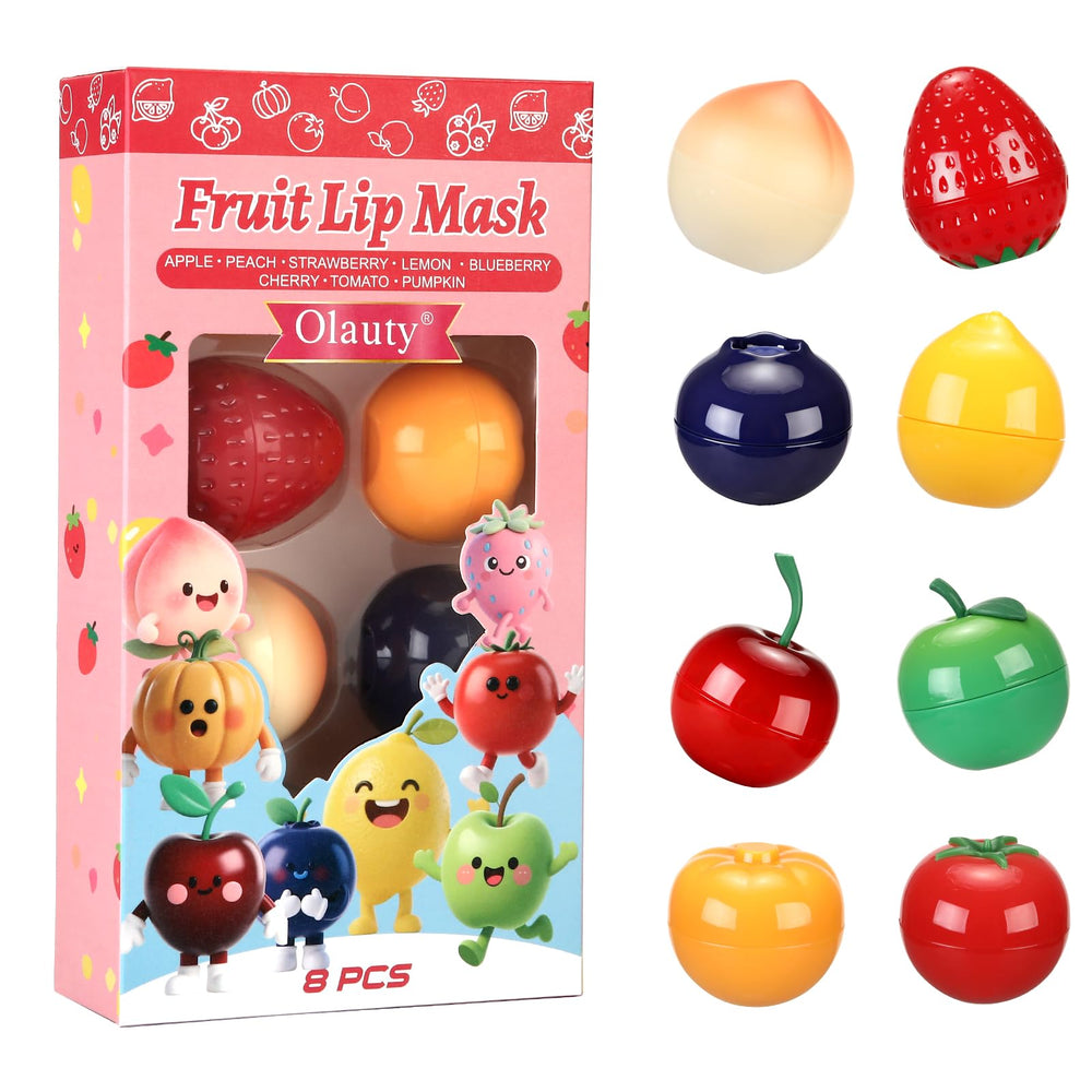Deepmind packaging shows compact fruit-design lip mask with included spatula.