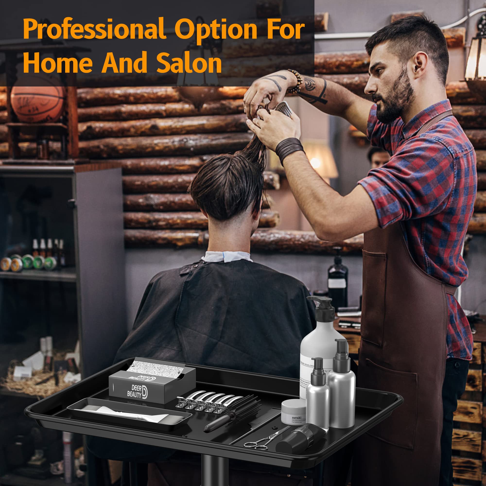 DEER BEAUTY salon tray on wheels side angle demonstrates mobility around clients.