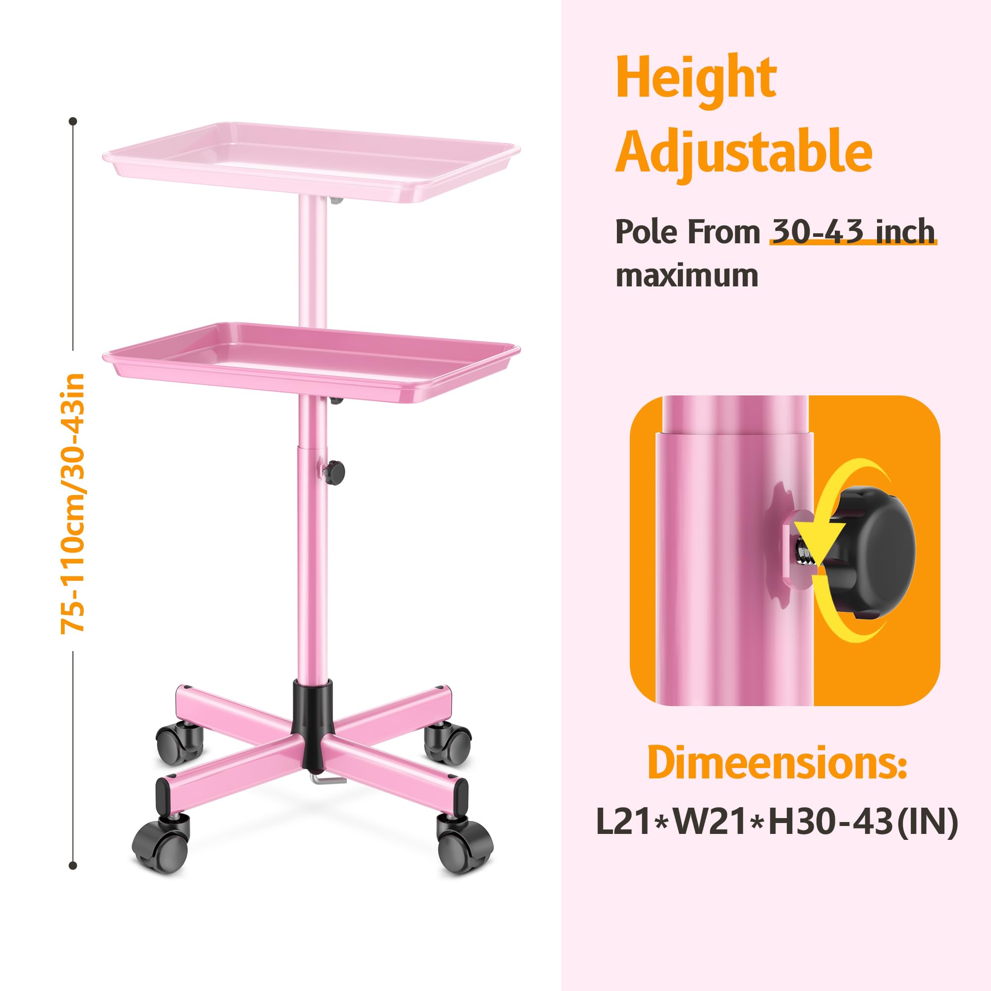 DEER BEAUTY tattoo tray rolling cart pink side view showing smooth mobility