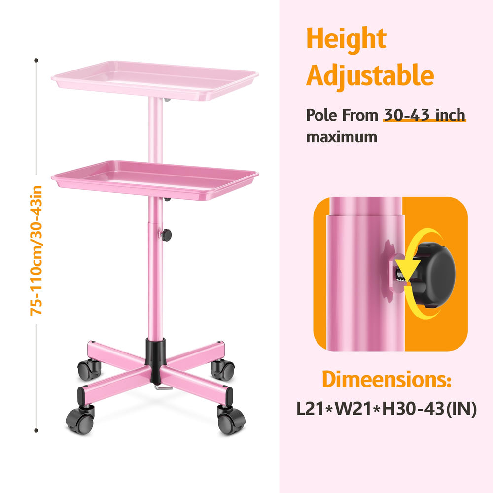 DEER BEAUTY tattoo tray rolling cart pink side view showing smooth mobility