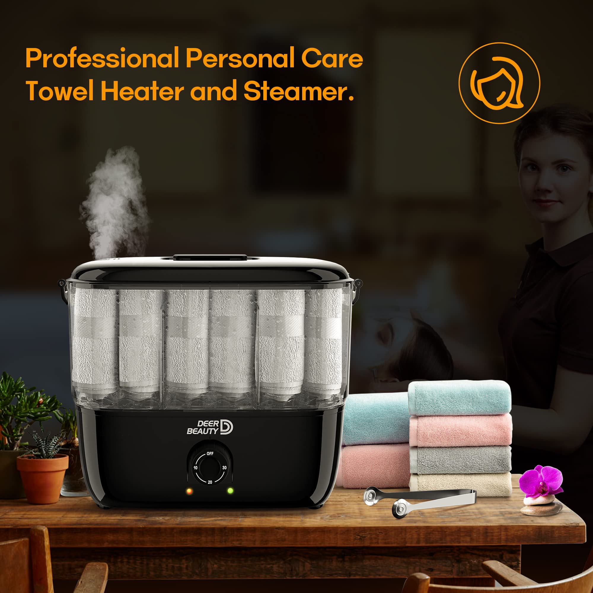 DEER BEAUTY Towel Warmer in use; warm moist towels enhancing client comfort during facials
