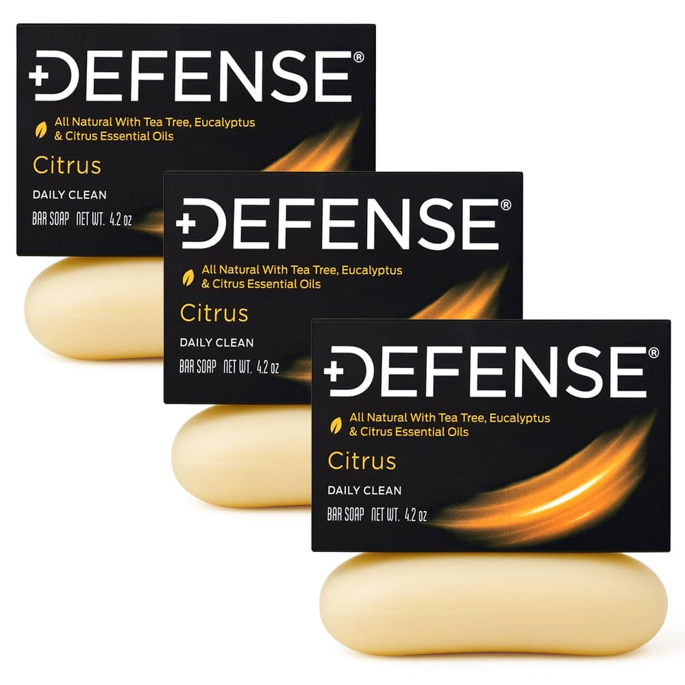 Defense Soap 3pk Citrus Bar packaging; ideal for gym cleansing and everyday skin refreshment.