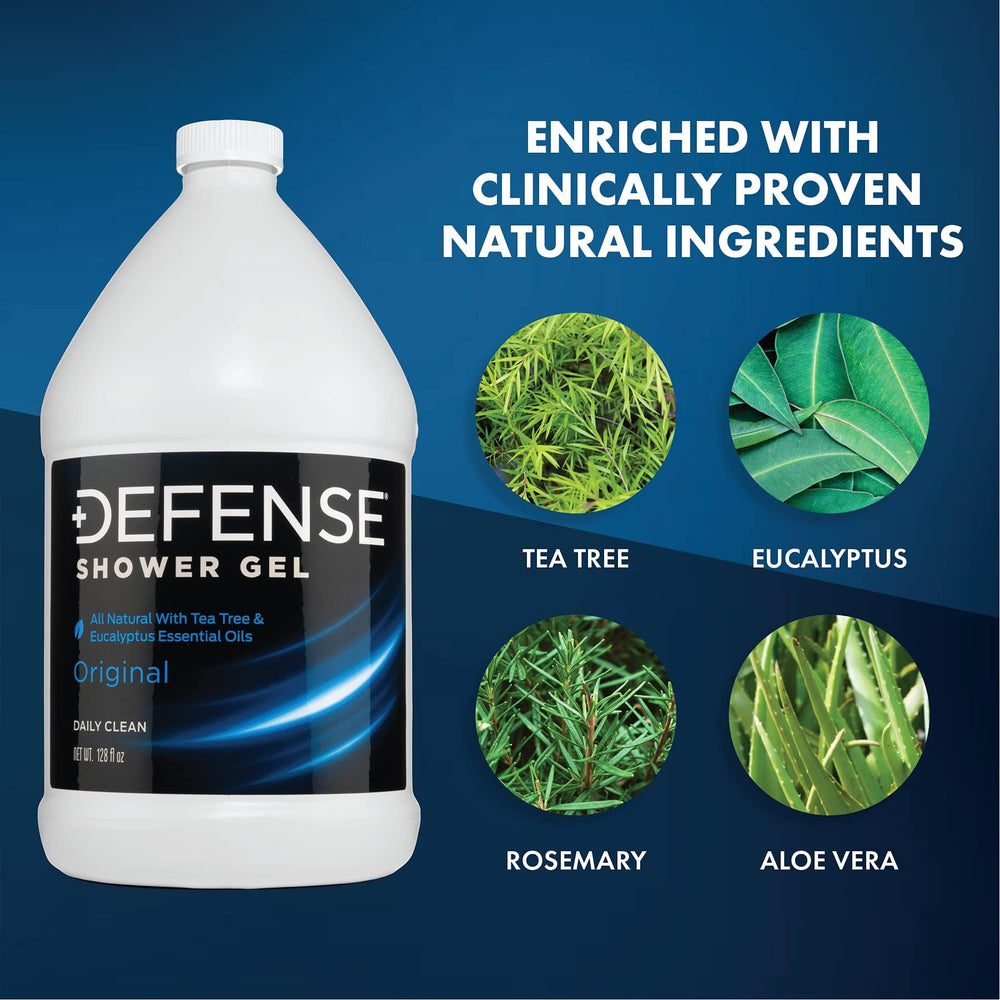 Defense Soap Body Wash with tea tree and eucalyptus oils for refreshing routine.