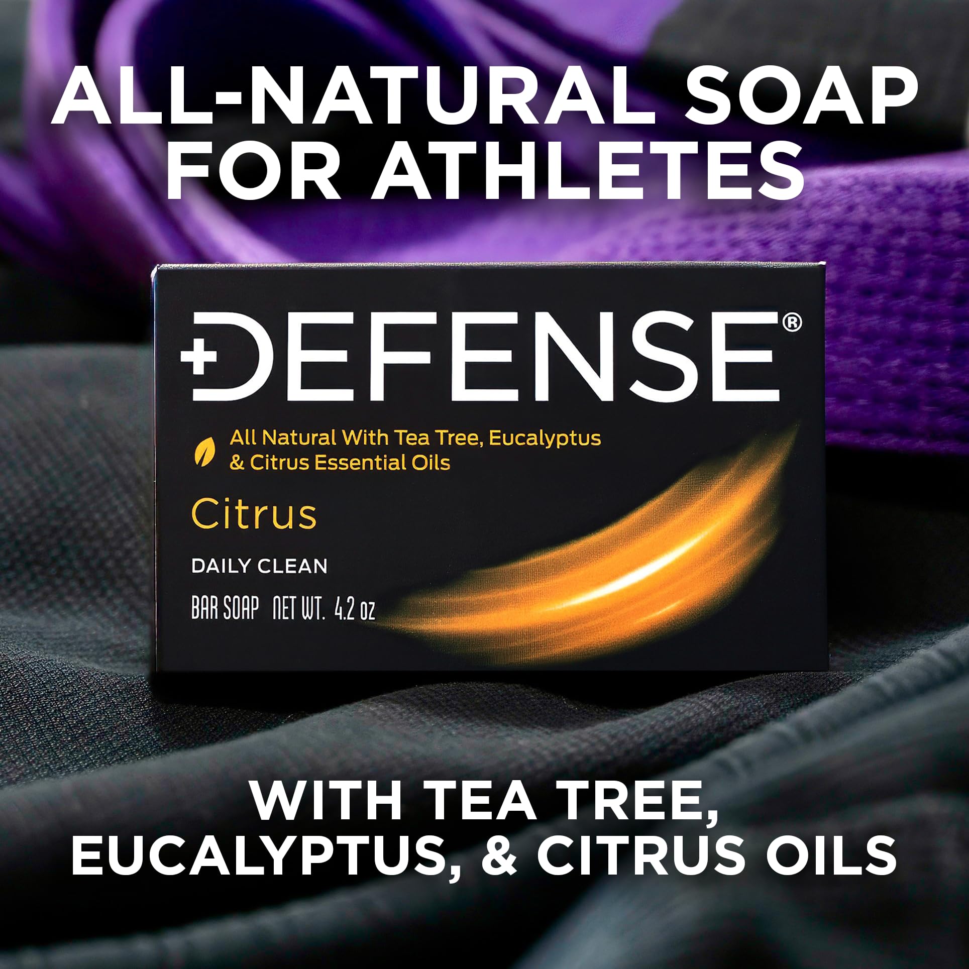 Defense Soap eucalyptus oil bottle emphasizes refreshing, cleansing properties for training days.