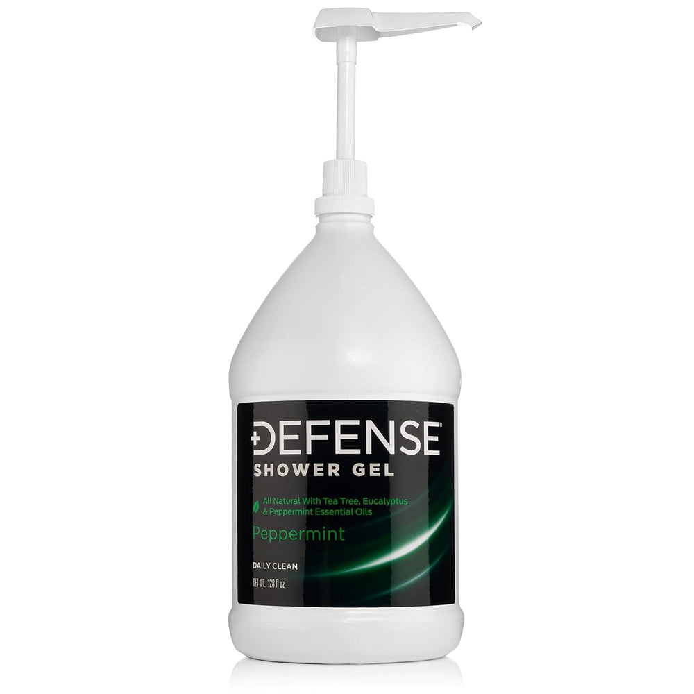 Defense Soap Peppermint Body Wash bottle pour showcases rich lather for refreshing cleansing