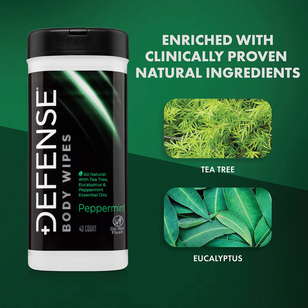 Defense Soap peppermint body wipes pack-open scene emphasizes on-the-go hygiene.