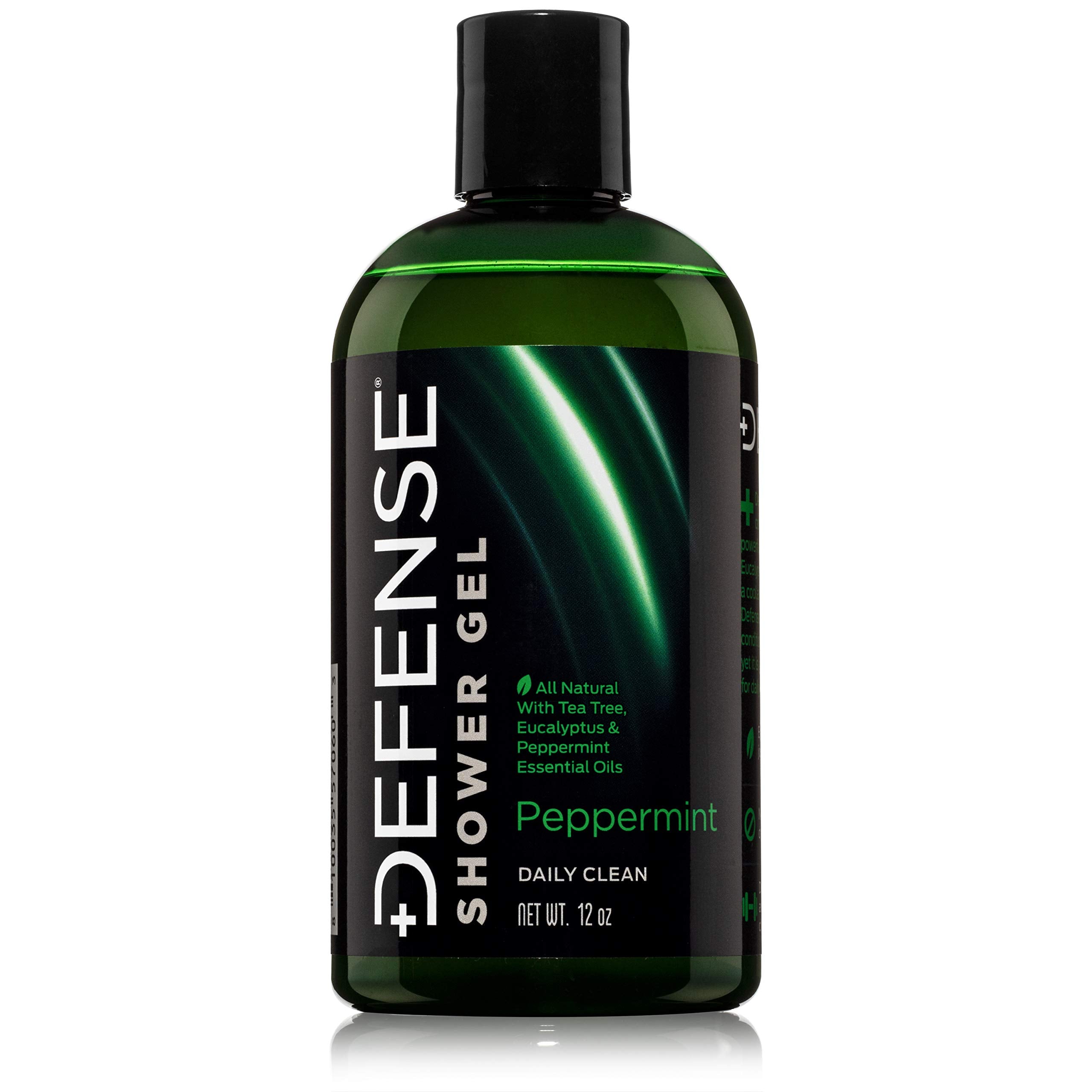 Defense Soap Peppermint Tea Tree Body Wash front label shows natural ingredients for refreshing cleanse.