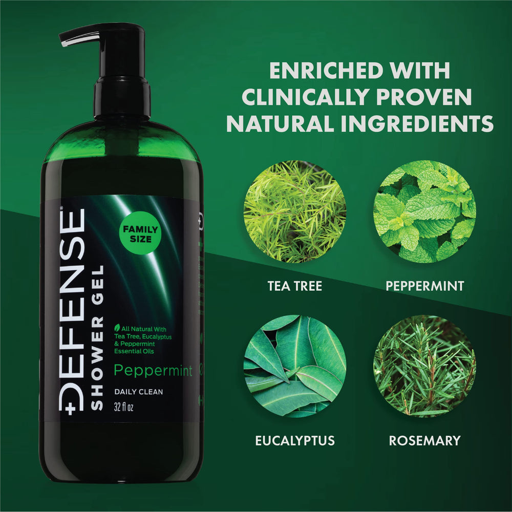Defense Soap peppermint tea tree body wash lather delivering rich hydration and cleansing feel.