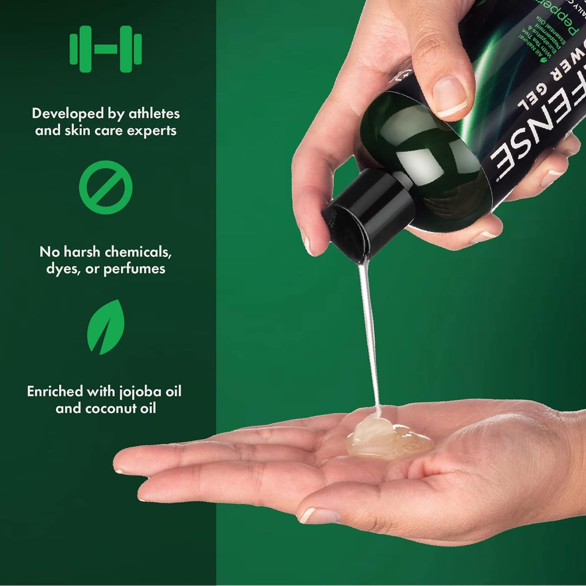 Defense Soap Peppermint Tea Tree Body Wash being poured for post workout routine.