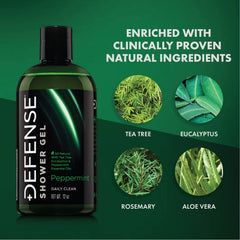 Defense Soap Peppermint Tea Tree Body Wash rich lather shown for deep cleansing.