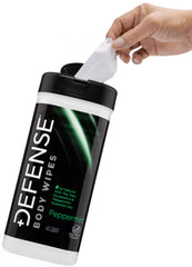 Defense Soap peppermint body wipes front pack refreshes skin after workouts.