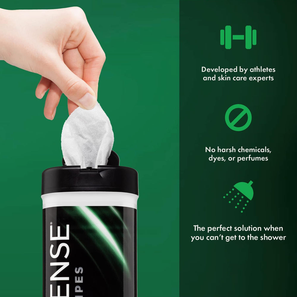 Defense Soap peppermint wipes dispensing top close-up shows portable cleansing for athletes.